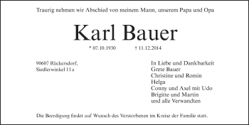 Traueranzeige von Karl Bauer von Pegnitz-Zeitung